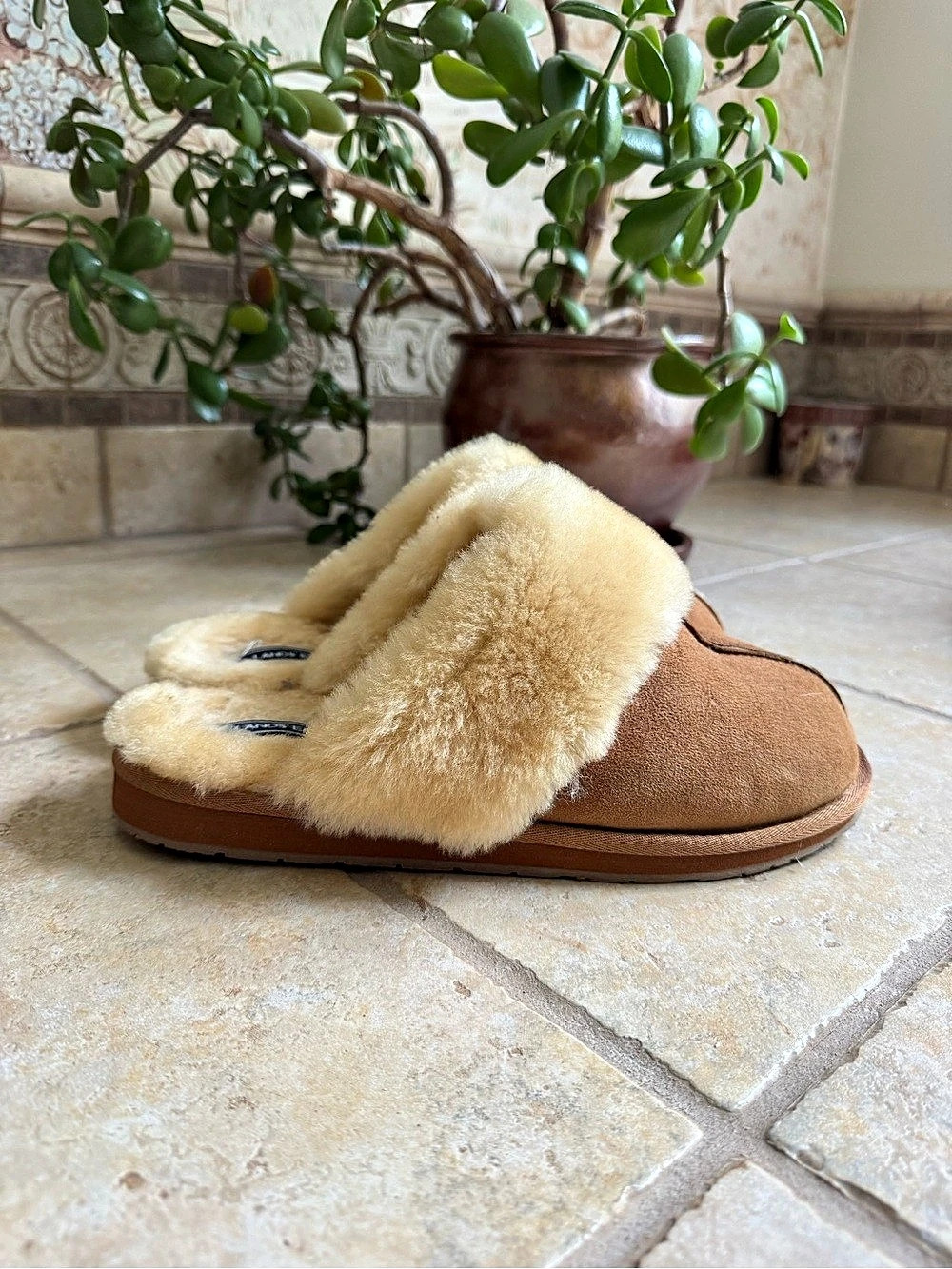 Land’s End Shearling-Lined Slippers in Brown & Cream